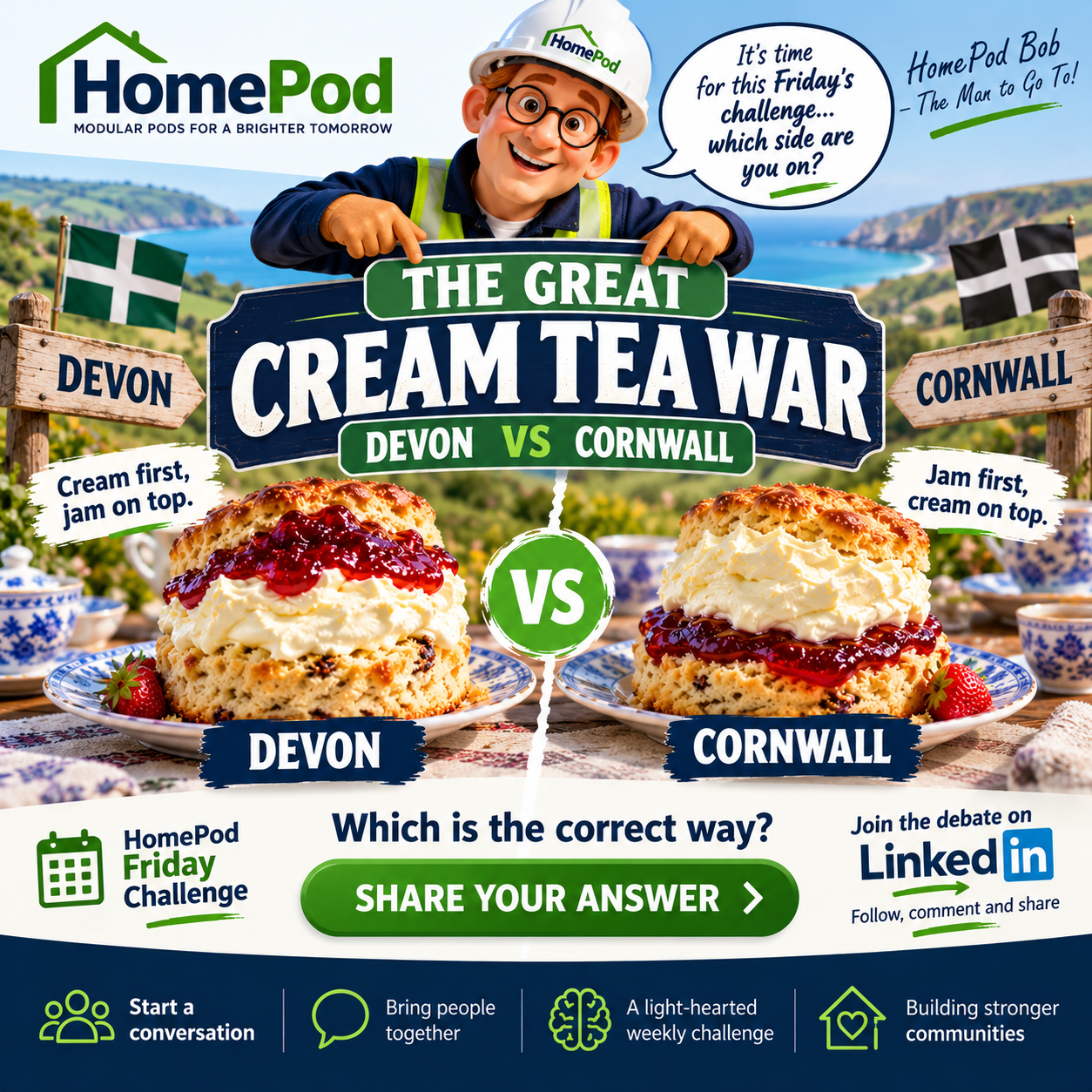 HomePod Bob presents The Great Cream Tea War. Devon: cream first, jam on top. Cornwall: jam first, cream on top. Which side are you on?