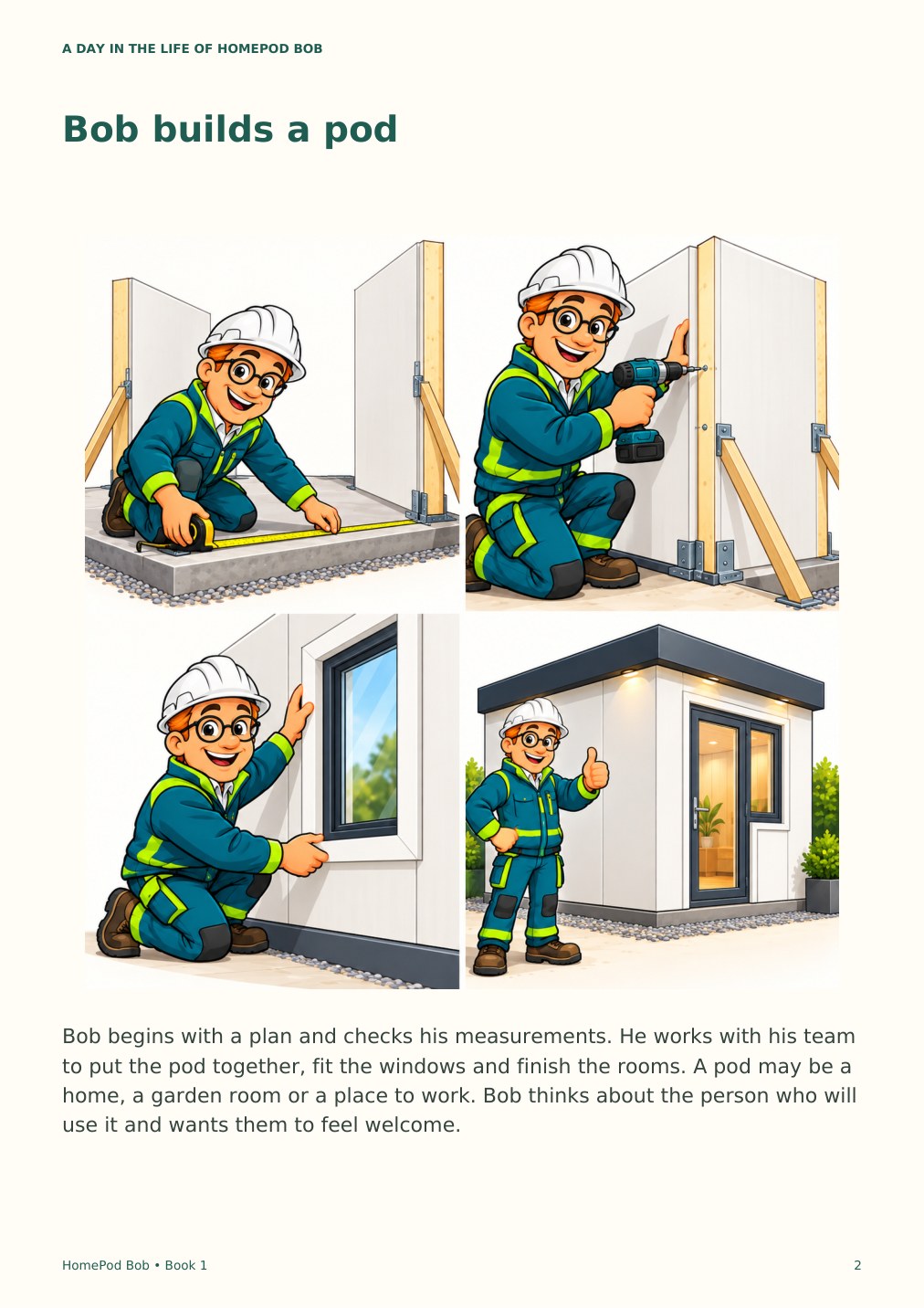 Illustrated book page 2: Bob builds a pod