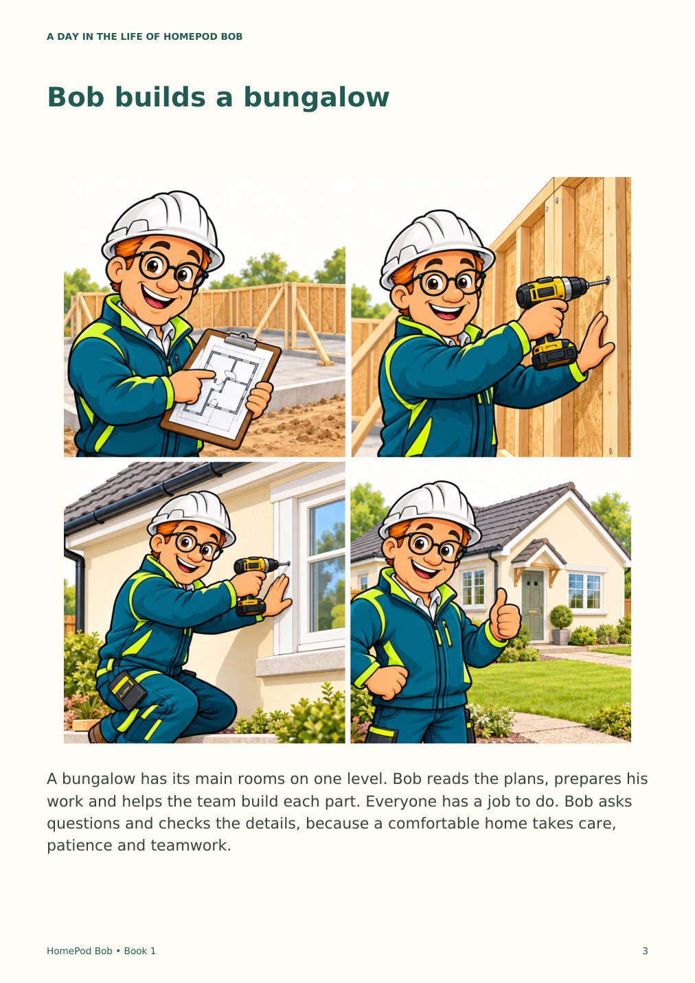 Illustrated book page 3: Bob builds a bungalow