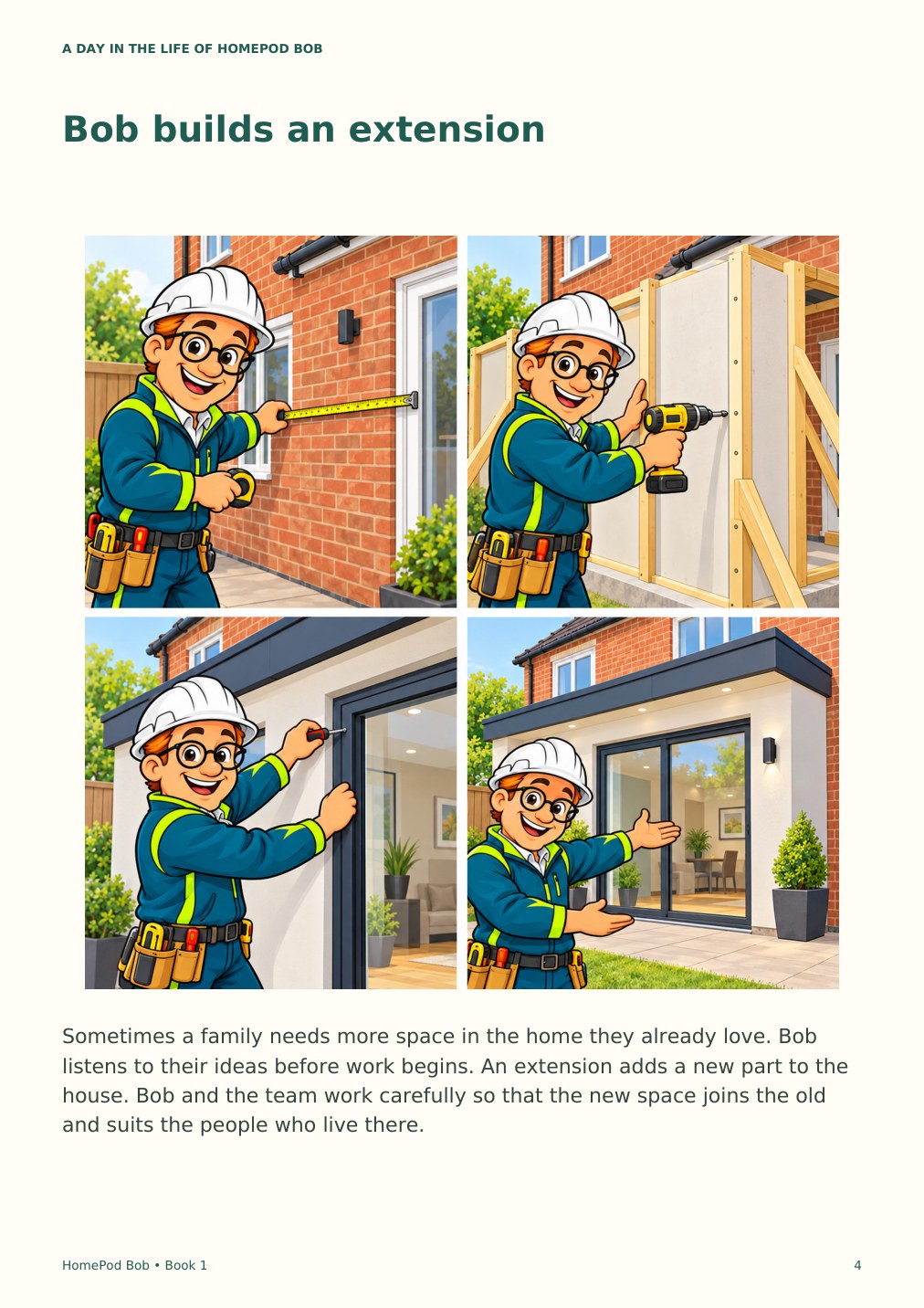 Illustrated book page 4: Bob builds an extension