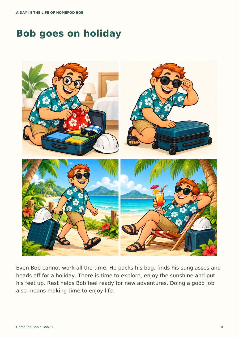 Illustrated book page 10: Bob goes on holiday