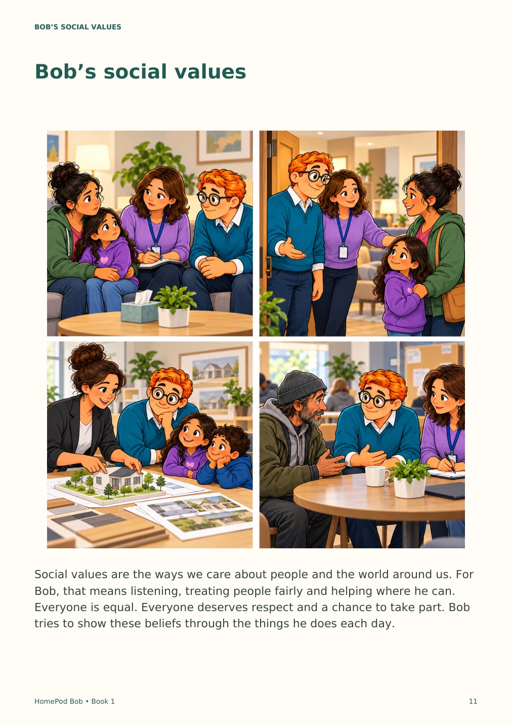 Illustrated book page 11: Bob’s social values