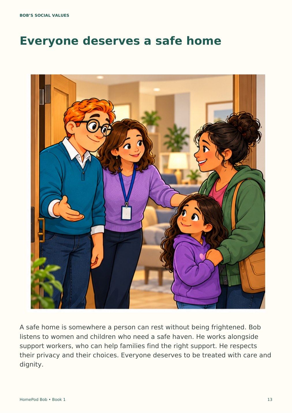 Illustrated book page 13: Everyone deserves a safe home
