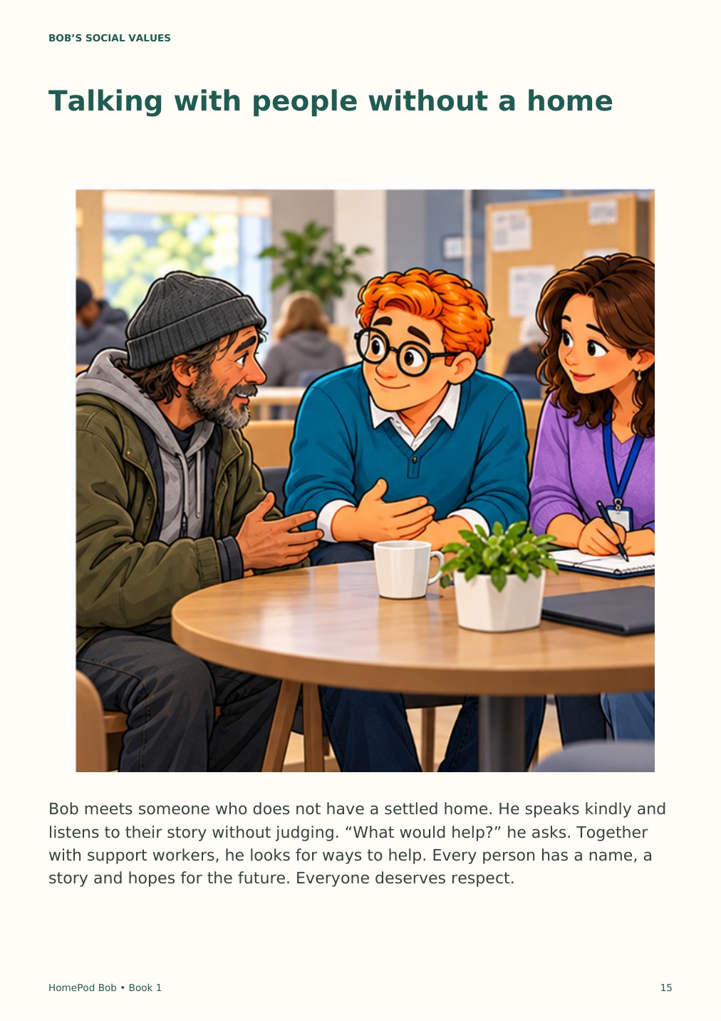 Illustrated book page 15: Talking with people without a home