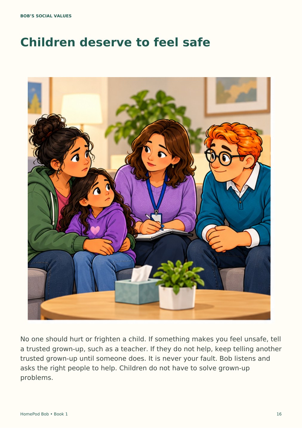 Illustrated book page 16: Children deserve to feel safe